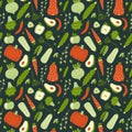 Modern seamless pattern with hand drawn green and red vegetables.