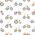 Modern seamless pattern with kids bicycles of various types. Colorful backdrop with bikes for children. Vector