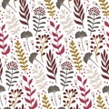 Modern seamless pattern with leaves and floral elements. Autumn background.