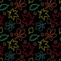 Modern seamless pattern with neon autumn leaves, drawn colorful outlines on black background. Vector illustration for Royalty Free Stock Photo