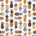 Modern seamless pattern with pineapples of various texture on white background. Backdrop with tasty summer exotic juicy