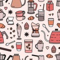 Modern seamless pattern with tools and utensils for coffee making or brewing, tasty desserts, spices. Coffeehouse