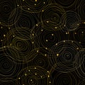 Modern seamless patterns with gold doodle spiral circles on a black background. Vector illustration.