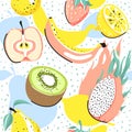 Modern seamless tropical pattern with kiwi, dragon fruit, apple, lemon, pear, strawberry and banana.