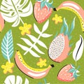 Modern seamless tropical pattern with strawberry, dragon fruit, banana, leaves, flowers and seeds.