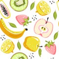 Modern seamless tropical pattern with strawberry, kiwi, apple, papaya, lemon, banana, leaves and seeds.