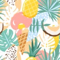 Seamless tropical pattern with ice cream, coconut and abstract elements. Creative contemporary floral collage.