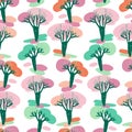 Modern seamless vector simple colourful pattern with trees in pastel colors