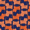 Modern seamless vector tropical colourful pattern with orange adorable small cats tigers on blue