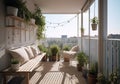 Large balcony with cozy sofas and armchairs and flower pots. Cozy armchairs, cushions. generative ai