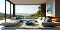 Modern sectional sofa in luxurious living room with panoramic mountain view and fireplace. Generative AI Royalty Free Stock Photo