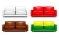 Modern sectional sofa. White and color set. Contemporary couch with metal legs. Settee with cushions. Realistic vector