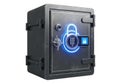 Modern secure safe box with digital lock and blue neon light on white background Royalty Free Stock Photo