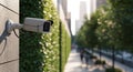 Security Camera Mounted on a Textured Wall Beside a Lush Green Hedge with Blurred Cityscape Background Royalty Free Stock Photo