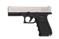 Modern semi-automatic pistol with a silver-colored metal slide and a black polymer frame, isolated on a white back Royalty Free Stock Photo