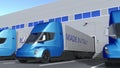 Modern semi-trailer trucks with MADE IN ITALY text being loaded or unloaded at warehouse. Italian business related 3D