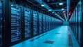 Modern server hall with advanced technology and blue lighting setup Royalty Free Stock Photo