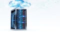 Modern server rack with cloud computing network visualization in blue and white color scheme representing data center technology Royalty Free Stock Photo