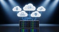 Modern server rack with colorful lights and cloud computing icons representing data storage and management Royalty Free Stock Photo