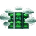 A modern server rack surrounded by cloud icons representing cloud computing technology Royalty Free Stock Photo