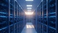 Modern Server Room Aisle with Blue Lights, Data Center Technology and Cloud Computing Concept Royalty Free Stock Photo