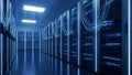 Modern Server Room with Blue Neon Lights and Data Cables Royalty Free Stock Photo