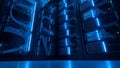 Modern Server Room with Blue Neon Lights, Data Center Rack Servers, Cables, Technology Concept Royalty Free Stock Photo