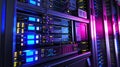 Modern server room data center featuring a rackmount LED console in a high-tech environment. The console is part of a larger Royalty Free Stock Photo