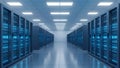 Modern Server Room Data Center with glowing blue lights, Technology and AI concept Royalty Free Stock Photo