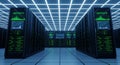 Futuristic data center server room with rows of high performance computing racks and digital monitoring displays Royalty Free Stock Photo