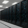 A modern server room features a row of sleek, black server racks with illuminated Royalty Free Stock Photo