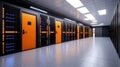 Modern Server Room Featuring Orange Doors and High-Tech Data Storage Equipment Royalty Free Stock Photo