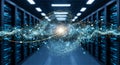 Modern server room with futuristic golden network connections and glowing data nodes in blue technological environment Royalty Free Stock Photo