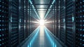 A modern server room with glowing data packets showing the flow of information in a digital network