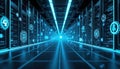 Modern server room glows with blue light. Racks of computers process data in a digital network. Futuristic interface icons float Royalty Free Stock Photo