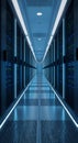 Modern server room hallway with data center racks. Big data storage solution and cloud computing technology concept for IT Royalty Free Stock Photo
