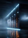 modern server room infrastructure. The long row of glowing racks and futuristic blue lighting represents global networking, Royalty Free Stock Photo