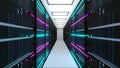 Modern server room interior in datacenter, web network and internet telecommunication technology, big data storage and Royalty Free Stock Photo