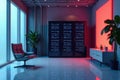 Modern server room interior design with vibrant lighting and comfortable seating. Generative AI Royalty Free Stock Photo