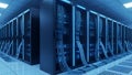 Server Room Data Center with Glowing Blue Lights and Cable Management Royalty Free Stock Photo