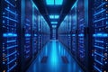 Modern server room with rows of computer machines. Blue LEDs indicate active data processing. Interior tech space shows powerful