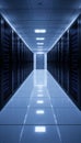 Modern server room with rows of computer racks and a door at the end of the aisle Royalty Free Stock Photo