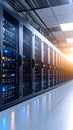 Modern server room with rows of data center computer racks and bright light Royalty Free Stock Photo