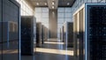 Modern Server Room with Rows of Data Racks and Blue LED Lighting Royalty Free Stock Photo