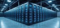 Modern server room with rows of glowing blue computer racks, representing cloud computing, data solutions. High-tech facility Royalty Free Stock Photo