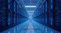 modern server room with rows of illuminated computer racks, illustrating data center infrastructure and technology computing power Royalty Free Stock Photo
