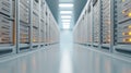 Modern server room with rows of network servers processing and storing data, powering advanced artificial intelligence Royalty Free Stock Photo