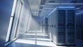 Modern Server Room with Rows of Racks and Blue LED Lighting, Data Center Hallway Royalty Free Stock Photo