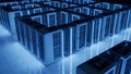 Modern Server Room with Rows of Racks and Blue LED Lights - Data Center Technology Royalty Free Stock Photo