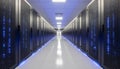 Modern Server Room with Rows of Racks and Blue Lights Royalty Free Stock Photo
